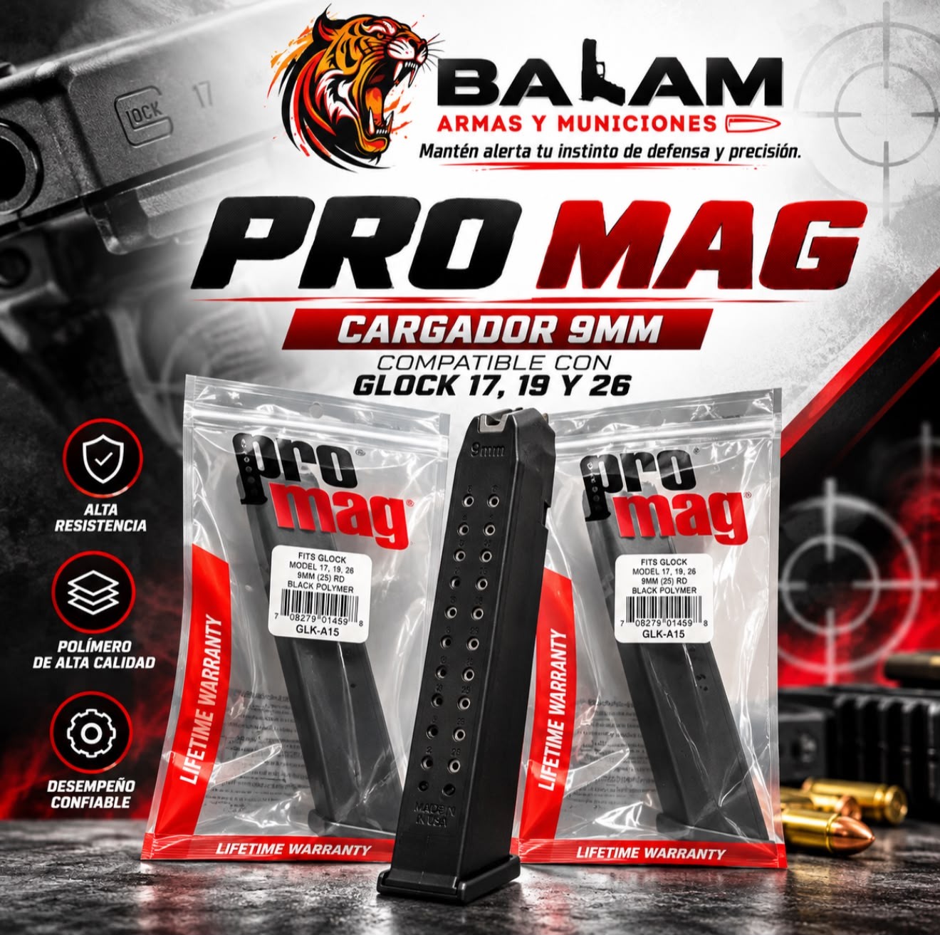 TOLVA GLOCK 9MM MOD 17,19,26 DE 25 TIROS PROMAG